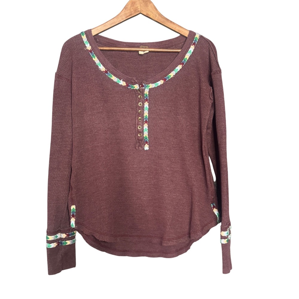 Free People Shirt Women S Burgundy Rainbow Trim‎ Waffle Knit Thermal Henley Boho
